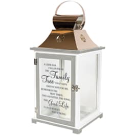 White memorial lantern with a copper top and printed quote panel