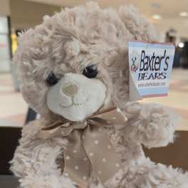 Plush teddy bear with a polka-dot ribbon bow and hanging tag