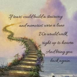 Memorial card with a staircase to heaven and a sympathy poem