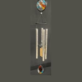 Hanging metal wind chime with stained-glass accents