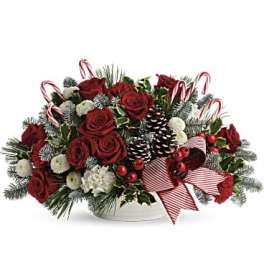 Red roses and holiday greenery in a white bowl with candy canes and ribbon