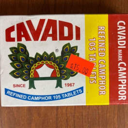 Box of Cavadi refined camphor tablets with a price sticker