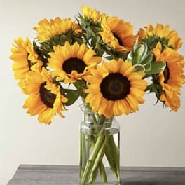 Bouquet of sunflowers in a clear glass vase
