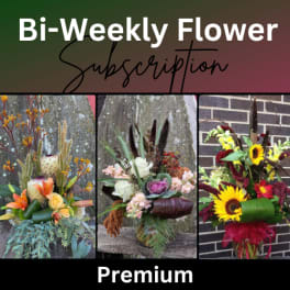 Collage of three floral arrangements with bold text reading bi-weekly flower subscription