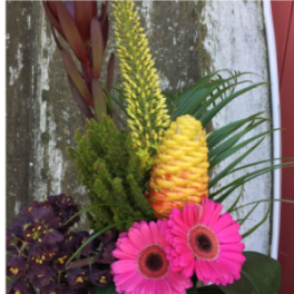 Tropical arrangement with pink gerbera daisies and yellow cone-shaped blooms