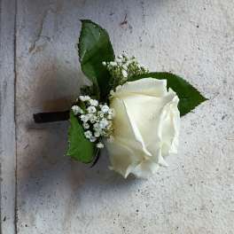 White rose boutonniere with baby's breath and green leaves