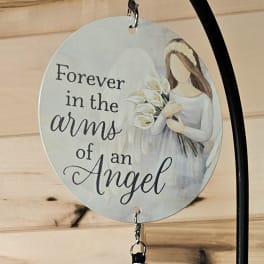 Angel memorial wind chime with a hanging plaque and metal tubes