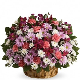 Basket arrangement of pink carnations, purple and white daisies, and dark pink blooms