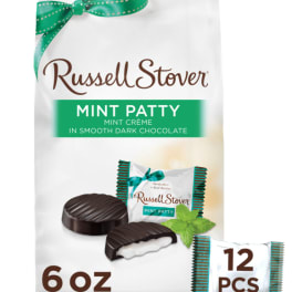 Bag of Russell Stover mint patties with a green ribbon