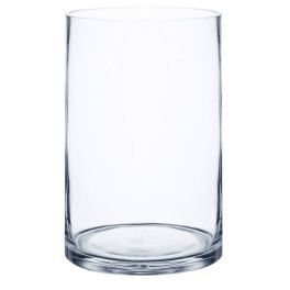 Clear cylindrical glass vase on a white background