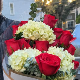 Bouquet of red roses and white hydrangeas wrapped in white paper