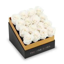 Box of white roses in a black and gold gift box