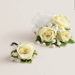 Corsage and Boutonniere Set (White Bow)