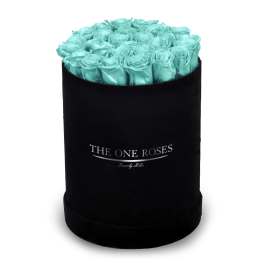 Turquoise roses arranged in a black round box