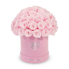 Pink roses arranged in a round pink hat box