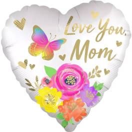 Heart-shaped balloon with "Love You Mom" text and colorful flowers