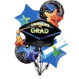 Graduation balloon bouquet with star and diploma-shaped balloons