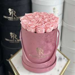 Pink roses arranged in a round velvet hat box with ribbon