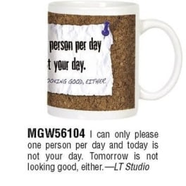 White ceramic mug with corkboard and pinned note design featuring black humorous text.