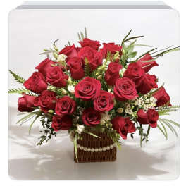 Red rose bouquet in a square basket with pearl trim