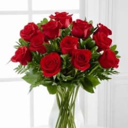 GORGEOUS RED ROSES with greens only VASED