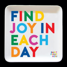 Square white sign with colorful text reading "FIND JOY IN EACH DAY"