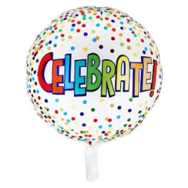 Clear balloon with colorful confetti dots and the word Celebrate