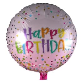 Pink birthday balloon with colorful confetti and "Happy Birthday" text
