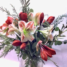 Bouquet of red and white amaryllis in a clear glass vase