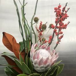 Protea bouquet with red berry branches and broad leaves