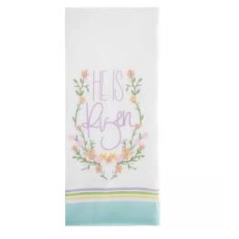 White gift bag with floral "He is risen" text and pastel stripes
