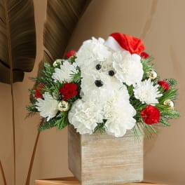 White teddy bear floral arrangement in a wooden box with red accents