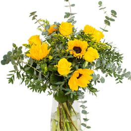 Sunflowers, Yellow Roses & Eucalyptus Bouquet