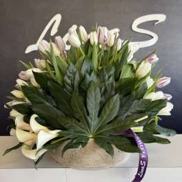 Bouquet of white and lavender tulips with large dark green leaves