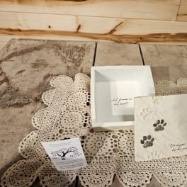 Decorative memorial keepsake box and card with paw prints