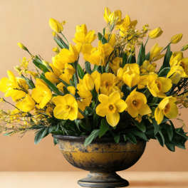 Yellow daffodil arrangement in a dark pedestal bowl