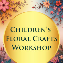 Poster for a children's floral crafts workshop with colorful flowers around a yellow circle