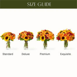 Size guide showing four orange and yellow bouquets in glass vases