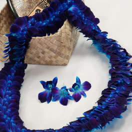 Blue-purple orchid lei with a woven basket and small orchid blooms