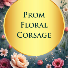 Floral prom corsage graphic with pink and peach flowers around a yellow circle