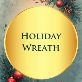 Holiday wreath graphic with pine branches and red ornaments