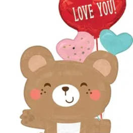 Teddy bear balloon with heart-shaped balloons and "LOVE YOU!" text
