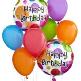 Colorful birthday balloons, including two printed "Happy Birthday" balloons