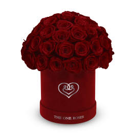 Red roses arranged in a round velvet box with a heart emblem