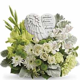 White and green sympathy arrangement with angel stones