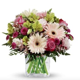 Mixed pink and white flowers arranged in a clear glass vase