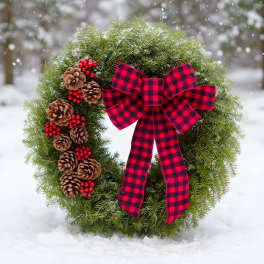 Evergreen wreath with pinecones, red berries, and a red plaid bow