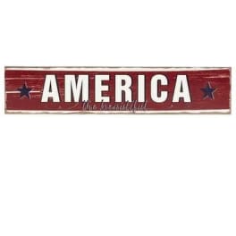 Long rustic red wooden sign reading AMERICA with blue stars and smaller script text