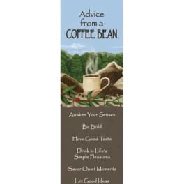 Tall bookmark with coffee mug illustration and inspirational coffee-themed sayings.