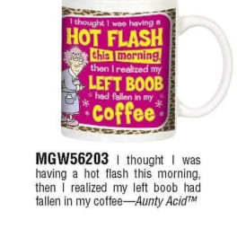 White mug with bright pink panel, cartoon woman, and humorous hot flash coffee quote